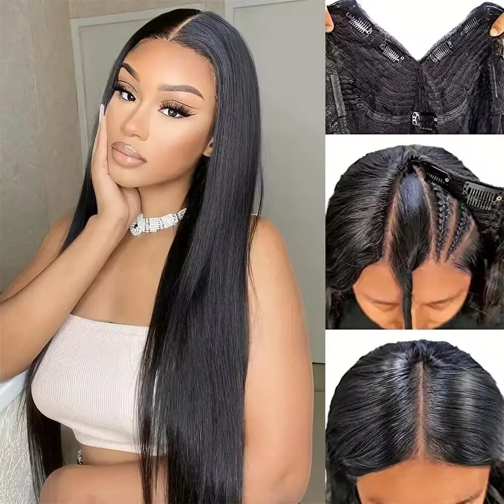 Bling Hair Bone Straight V Part Human Hair Wigs Glueless Wigs Human Hair Ready to Wear 3 IN 1 Wig Drawstring Clip In V Part Silkly Straight Hair Wig
