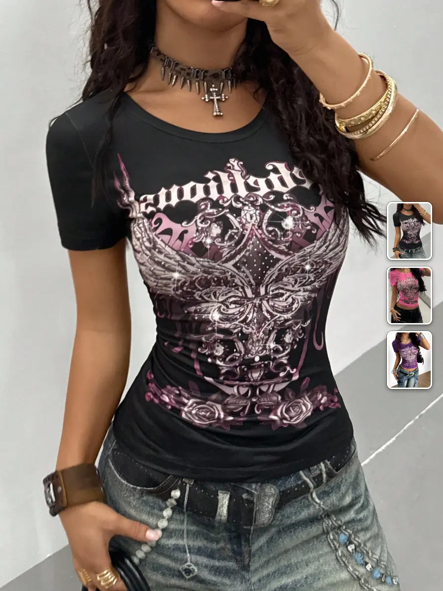 Y2K Graphic Tee Fuchsia Rhinestone Slim Fit Gothic Punk Streetwear Summer