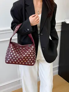 Vintage Motorcycle Bag with Rivets, Large Capacity Shoulder Bag, Trendy Underarm Tote, Unique Design, Fashionable Crossbody Bag