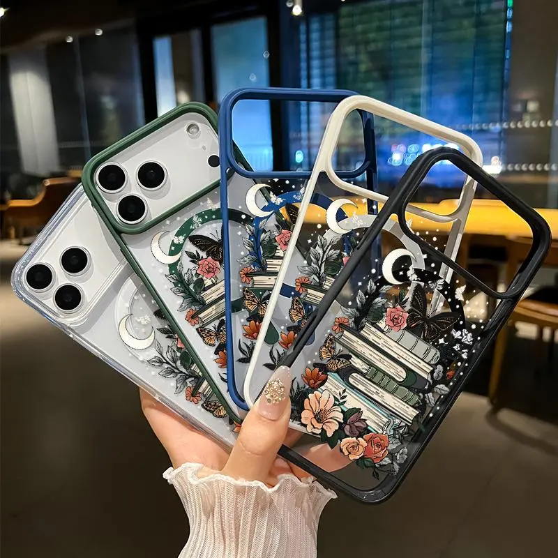 Magnetic TPU Smartphone Case for iPhone 17/16 Pro Max Plus/15/14/13/12/11/Air, Moonlight Flower Book Pattern, Non-Yellowing Shockproof Soft Silicone Transparent Acrylic Cover, Wireless Charging Support, Cellphone Protection Accessories, Handheld, Casing