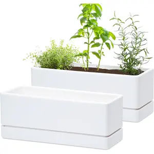 12 Inch Window Box Planter, Rectangle Plastic  Planter with Drainage Holes and Saucer, Indoor Succulent Cactus Vegetable Pot for Windowsill, Garden Balcony, White, Set of 2, 76-X-A-2