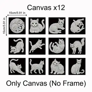 【New Arrival】12Pcs Mini Crystal Cat Diamond Art Canvas - 5.91in No Frame Rhinestone Kit, DIY Needlework for Home & Office Decor, Ideal Gift