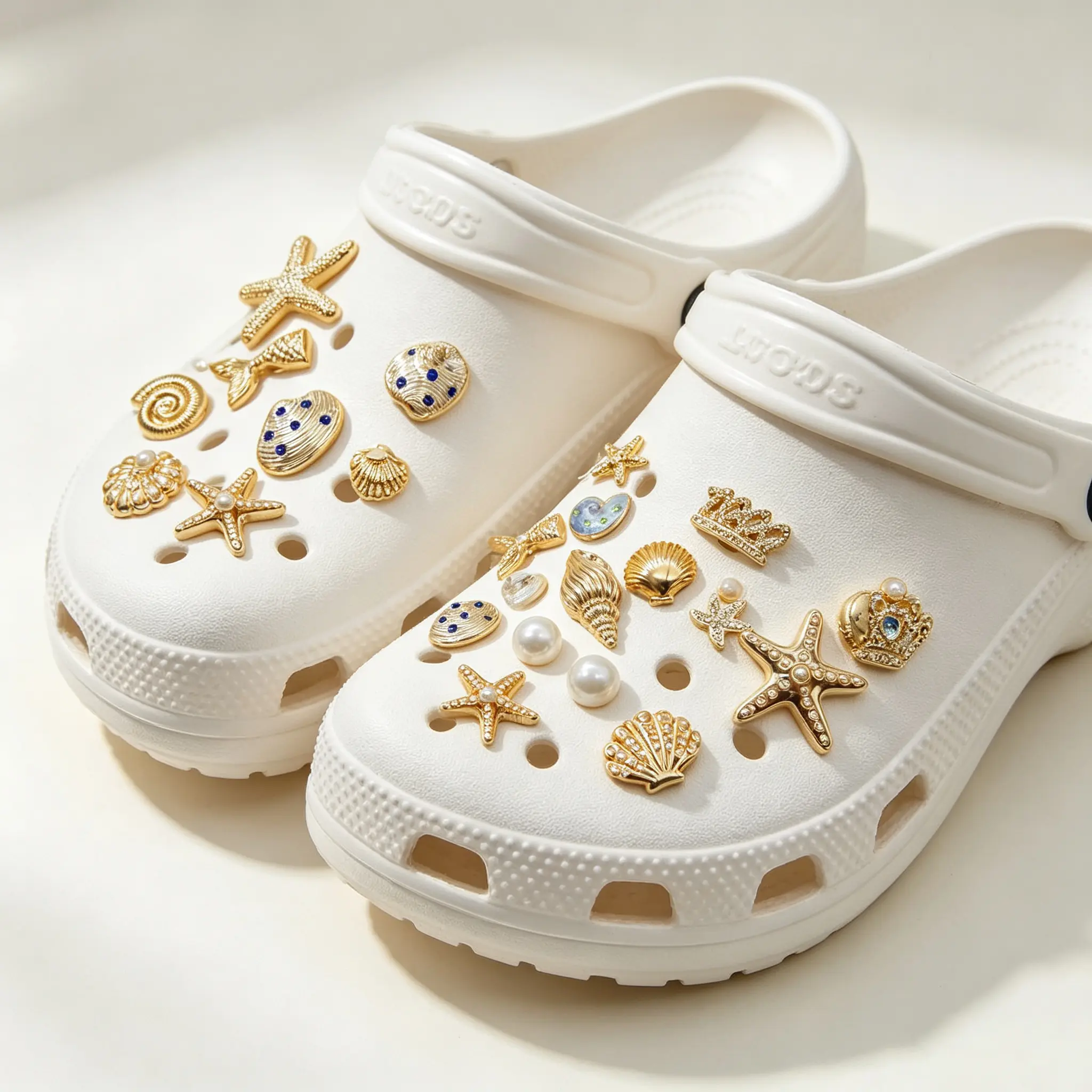 18pcs Gold Ocean Beach Shoe Charms Metal Starfish Shell Mermaid Tail Charms Rhinestone Pearl Seashell Decorative Charms For Clogs Sandals DIY Summer Shoe Accessories Gift