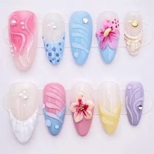 CANDY OCEAN MERMAID | Custom Press On Nails | 3D Hibiscus Flower & Shell Texture Fake Nails for Long Almond | Kawaii Pastel Tropical Beach Aesthetic | Colorful French Tip Pattern Cover | Trending Cute Style 2026