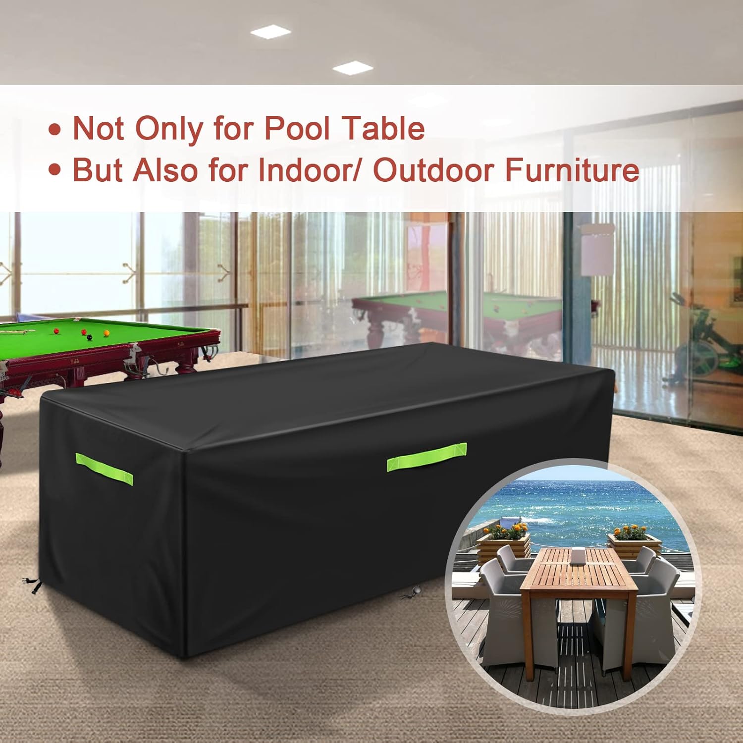 8 FT Waterproof Billiards Table Full Cover - Indoor-Outdoor Use, Handles, Buckle Secure, Drawstring Tie, Standard Fit (102x53x32 in, Black) 8 FT Waterproof Billiards Table Full Cover - Indoor-Outdoor Use, Handles, Buckle Secure, Drawstring Tie, Standard Fit (102x53x32 in, Black)