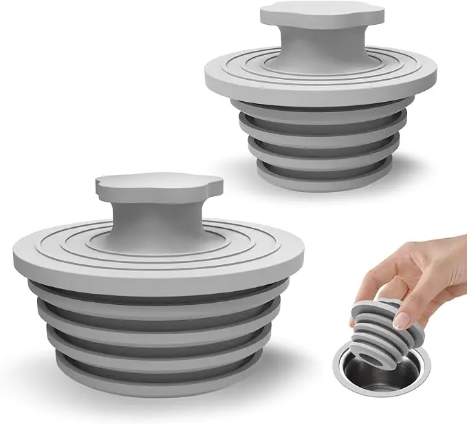 Augfluty AF-BDS-P Silicone Bathtub Drain Stopper 2-Pack Gray Universal Fit for 1.5" to 2" Drains Easy Install Prevents Clogs Odors