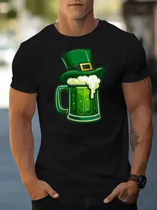 Classic Casual Green Beer Mug with Leprechaun Hat Design T Shirt Men's Fashion St Patrick's Day Party Outfit Casual Wear Adults Men