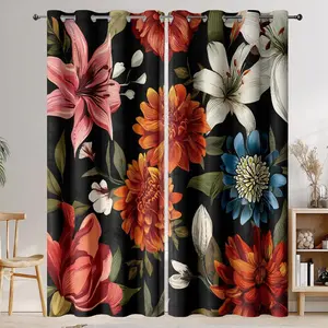 Black Boho Floral Blackout Curtains Mid Century Vintage Botanical Flower Patterned Room Darkening Thermal Curtains 2 Panels Set, Window for Bedroom Living Room 52X84 Inch