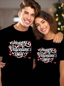 Valentine's Day Couple T-Shirt - Happy Valentine's Day Letter Printed Pattern, Crew Neck Casual Short Sleeve Top, Machine Washable Spring, Summer and Autumn Comfort Edition, Romantic Event Clothing, Durable Printed Design (Single Piece)