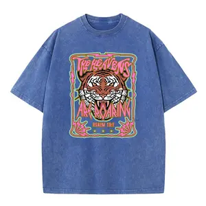 Wayii Fasion Unisex Acid Wash Vintage " The Heavens" Roaring Tiger Pattern T-Shirt,Heavyweight Cotton Streetwear Graphic Vintage Tee Menswear Womenswear Crewneck pink