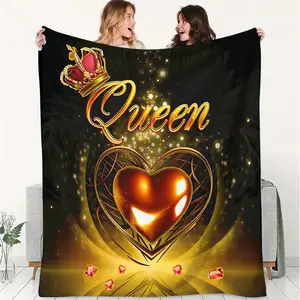 Luxurious and Exquisitely Printed Flannel Throw Blanket,Heart-Shaped Crown and "Queen" Throw Blanket, Made of Soft Flannel Material, Suitable for Home Decoration, Camping, and Travel. Vibrant Decorative Blanket with Lively and Enjoyable Design