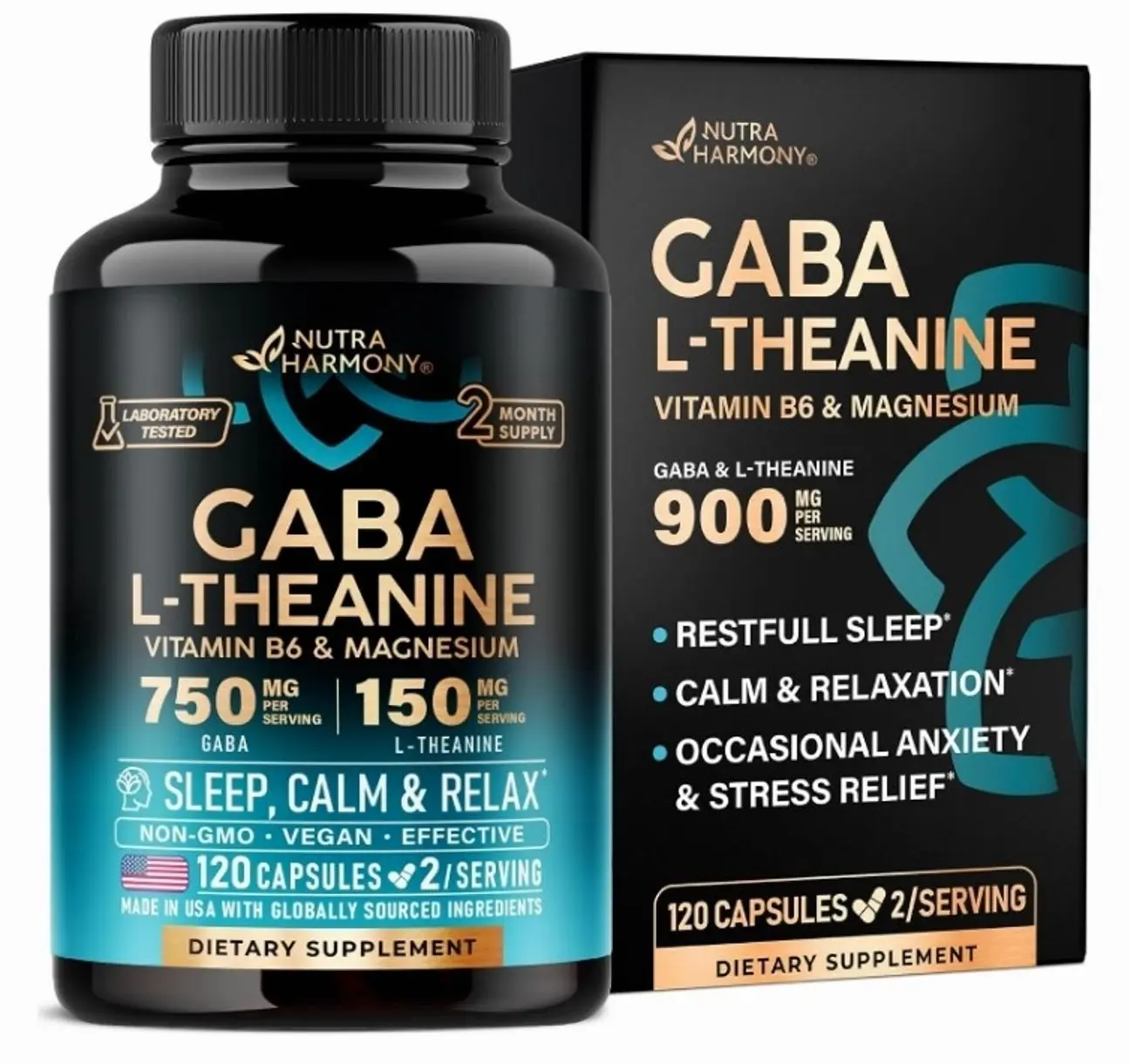 GABA L-Theanine 900 mg - Magnesium | Vitamin B6 - Calm, Sleep, Relaxation & Mood Support - Lab Tested - 750 mg Gamma AminoButyric Acid, 150 mg L-Theanine - Non-Habit Forming, Vegan - 120 Capsules