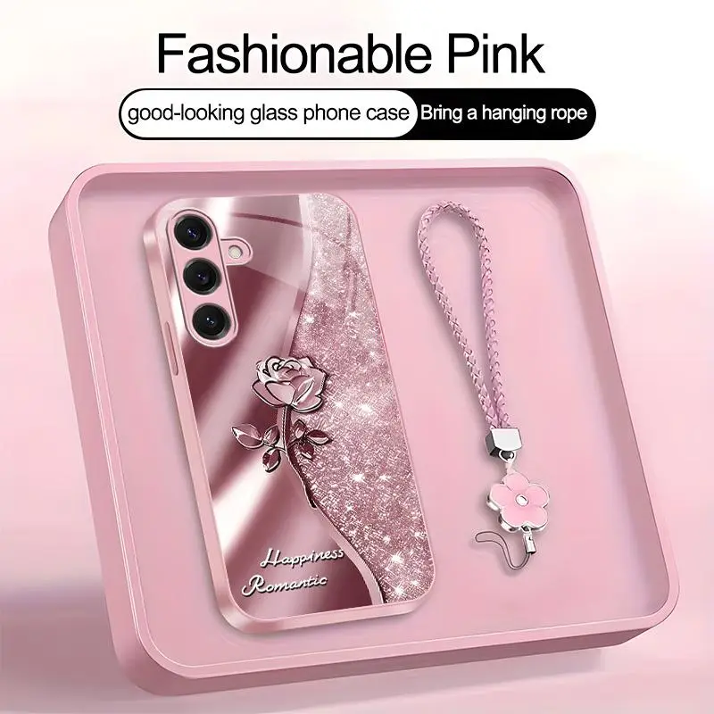 Suitable for [Galaxy S25] high-end phone case，a beautiful four-leaf clover lanyard is included,printed case, no glitter，exquisite high-quality rose pattern,a variety of colors are available for you to choose from YM99