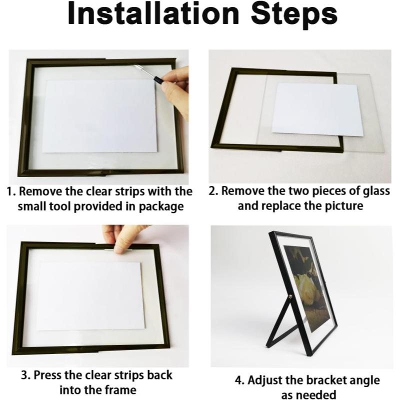 Black Floating Picture Frames - Set of 3, for Photo Size 4×4, 4×6, 5×7, Vertical Tabletop Display, Double Glass Metal Frame for Wedding, Home or Office Desk Decoration