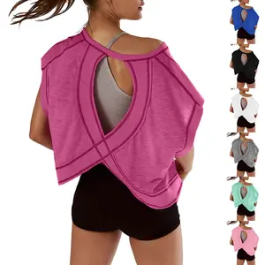Mundoven Women's Open Back Tops Y2K Short / Long Sleeve Workout Shirts Casual Yoga Athletic Gym Slouchy Crop Running Tees