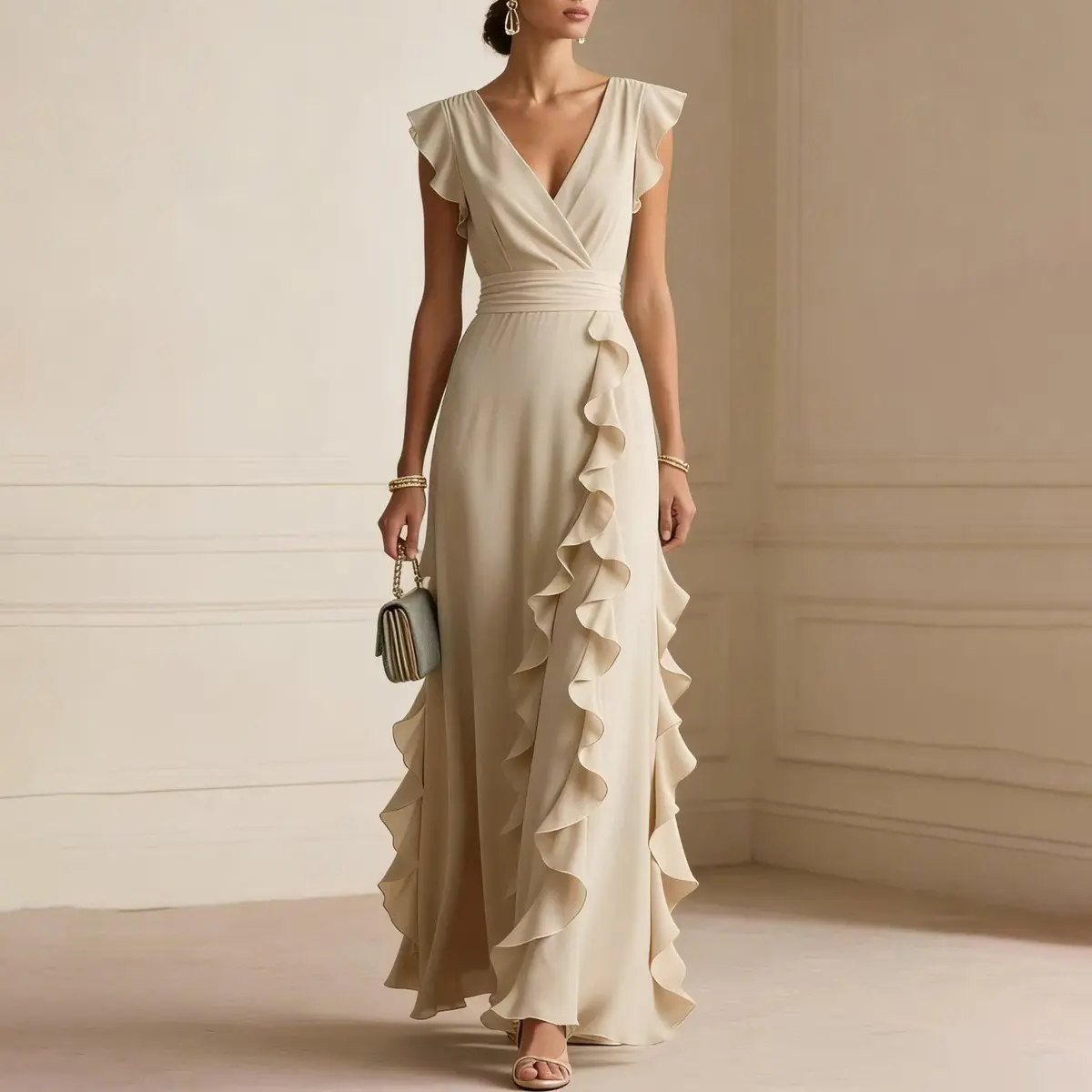 Summer solid color polyester long dress, women's deep V wrap-around ruffle short sleeve high waist slim fit elegant French wedding guest formal evening dress