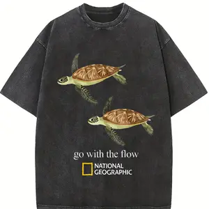 Go With The Flow Sea Turtle Ocean Nature Lover Aesthetic Heavyweight Boxy Fit T-Shirt Vintage Washed Oversized Pure Cotton Graphic Tee DTG Printed