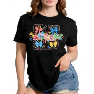 Autism Awareness Puzzle Piece Bow Graphic T-Shirt - Heartfelt 100% Cotton Support Tee for Moms, Dads