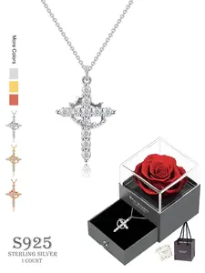 S925 Sterling Silver Crown & Cross Design Pendant Necklace, Coptic Cross Pendant, with Rose Gift Box, Fashion Jewelry Accessories for Women As Gift