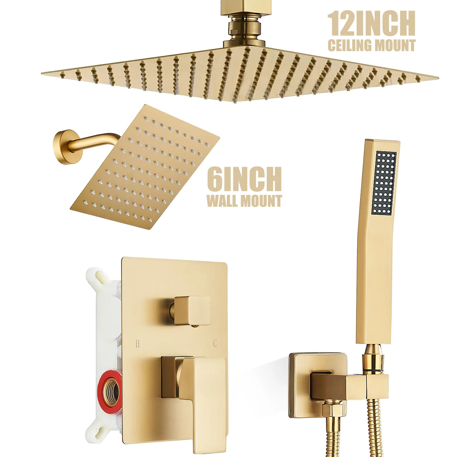 Rain Shower System Brushed Gold Shower Faucet Set, Dual Rainfall Shower Head Set with Handheld Spray, Ceiling Mounted Bathroom 12 inch Square Showerheads , Wall Mounted 6inch Shower Head with Mixer Valve Kit