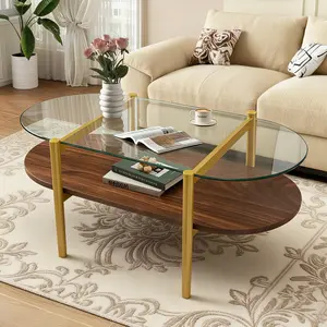 Modern Glass Coffee Tables, 2-Tier Mid Century Oval Center Table, Tempered Glass Tabletop & Golden Metal Frame, Living Room, Office