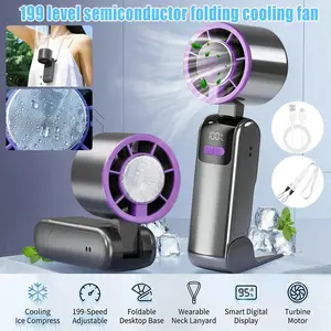 Portable Semiconductor Cooling Fan with Digital Display - 199 Speed Settings Foldable Handheld & Desktop Mini Fan, USB Rechargeable Ice Cold Air Blower for Outdoor Travel Office Home Use - Rock Gray Color SummerVibes
