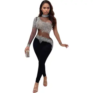 Sexy Jumpsuit for Women Sparkly Rhinestone Mesh See Through Hot Drilling Process Bodycon Party Club Night Romper