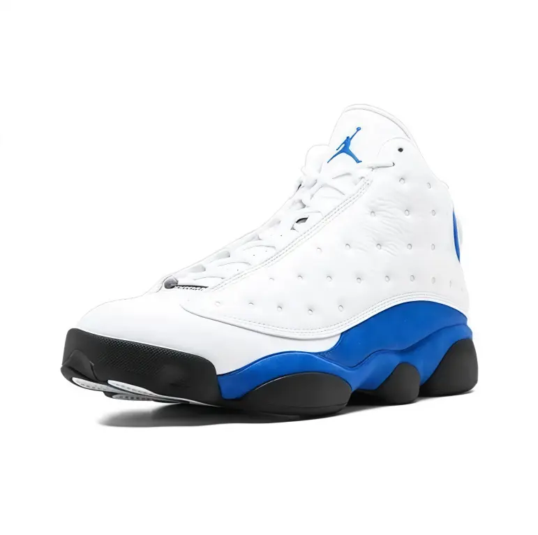 High top basketball sneakers white royal blue leather upper classic color matching impact resistant midsole urban styling party outfits soft lining all season casual basketball shoes