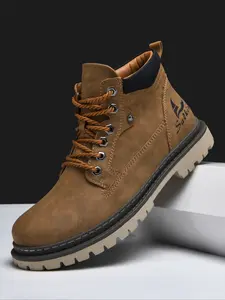Men's Fashionable Solid Color Lace Up Ankle Boots, Casual Comfortable Non-slip Rubber Boots for Outdoor, Male All-match Round Toe Walking Shoes for Daily Wear, Boy, Footwear