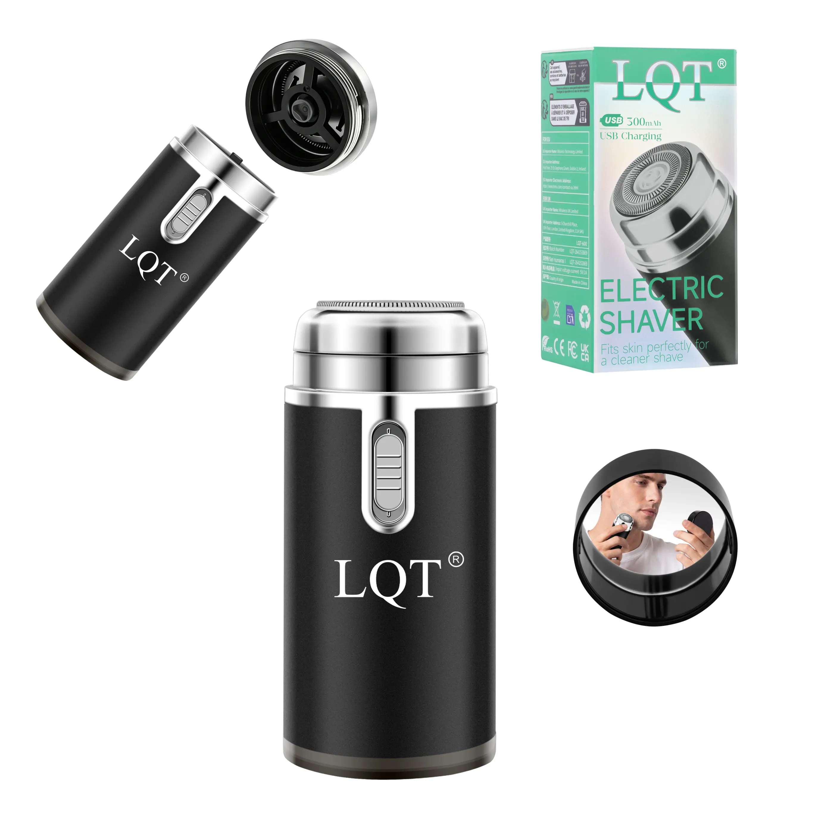 LQT Men's Mini Electric Rotary Blade Shaver, Portable USB Charge Single Unit with Built-in Mirror+Light, Washable Cutting Head for Travel Daily Use (Facial Hair Grooming), Wash Cutter