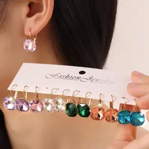 6 Pairs Colorful Glass Crystal Earrings, Elegant Glass Crystal Dangle Earrings, A Stylish Gift For Friends, For Daily Wear
