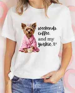 Yorkie T-Shirt Weekend Coffee and My Yorkie Unisex Classic Tee Short Sleeve Crew Neck Fitted Summer Streetwear Womenswear