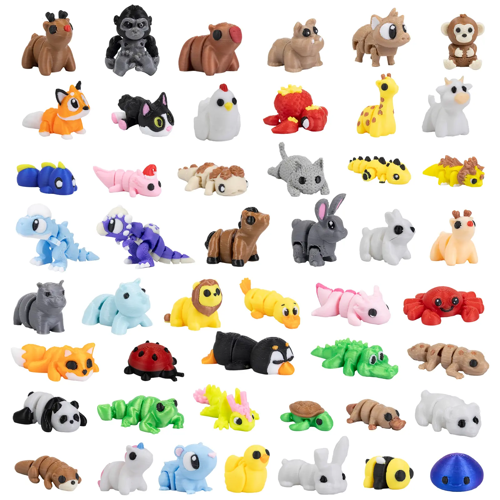 48-piece Mini Random 3D Printed Animal Figurine Set, Flexible and 