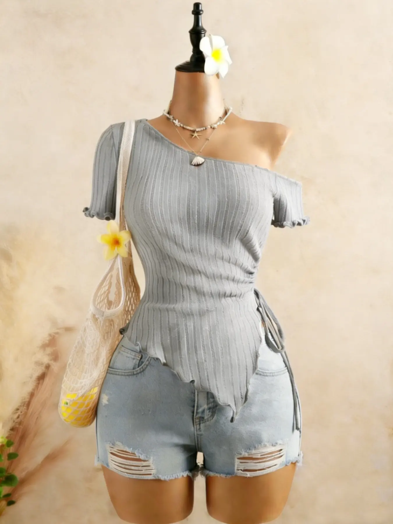 American Style Sexy Asymmetrical Shoulder Top, Blouse, Drawstring Waist, Adjustable, Irregular Ruffle Hem, Short Sleeve T-Shirt, Casual Slim Fit