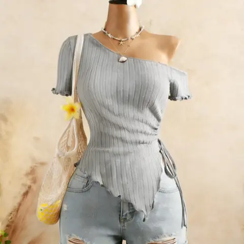 American Style Sexy Asymmetrical Shoulder Top, Blouse, Drawstring Waist, Adjustable, Irregular Ruffle Hem, Short Sleeve T-Shirt, Casual Slim Fit