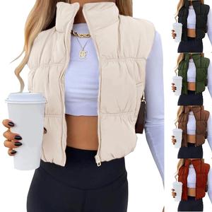 Ommig Lady's Retro Casual Cropped Zip-Up Puffer Vest - Women's Stand Collar Sleeveless Lightweight Padded Gilet with Pockets, Zipper Jacket,summerwins