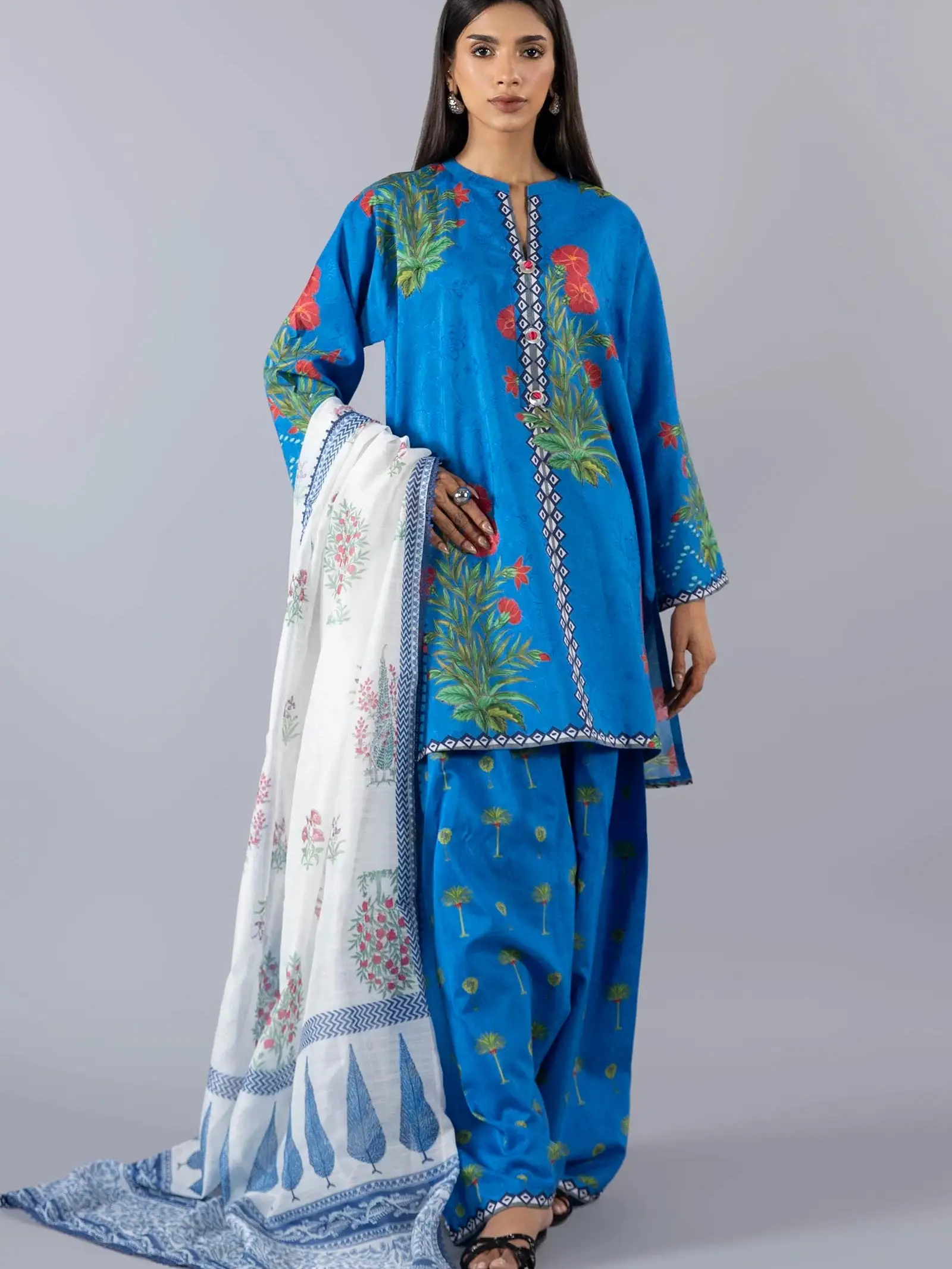 Monark Women's Blue Salwar Kameez with Floral Embroidery & White Dupatta - Asian Fashion Clothes