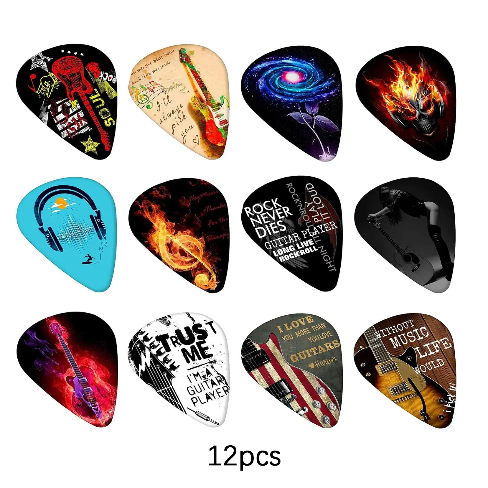 12-Pack Rock Retro Music Print Guitar Picks, Accessories, Fits Acoustic, Electric Guitar, Bass, Ideal for Musicians, Perfect Gift, Daily Practice, Stage Performance