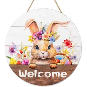 Easter Decorations for Front Door: Bunny Rabbit 3D Welcome Sign for Wall Decor Easter Wreaths Hanging for Home