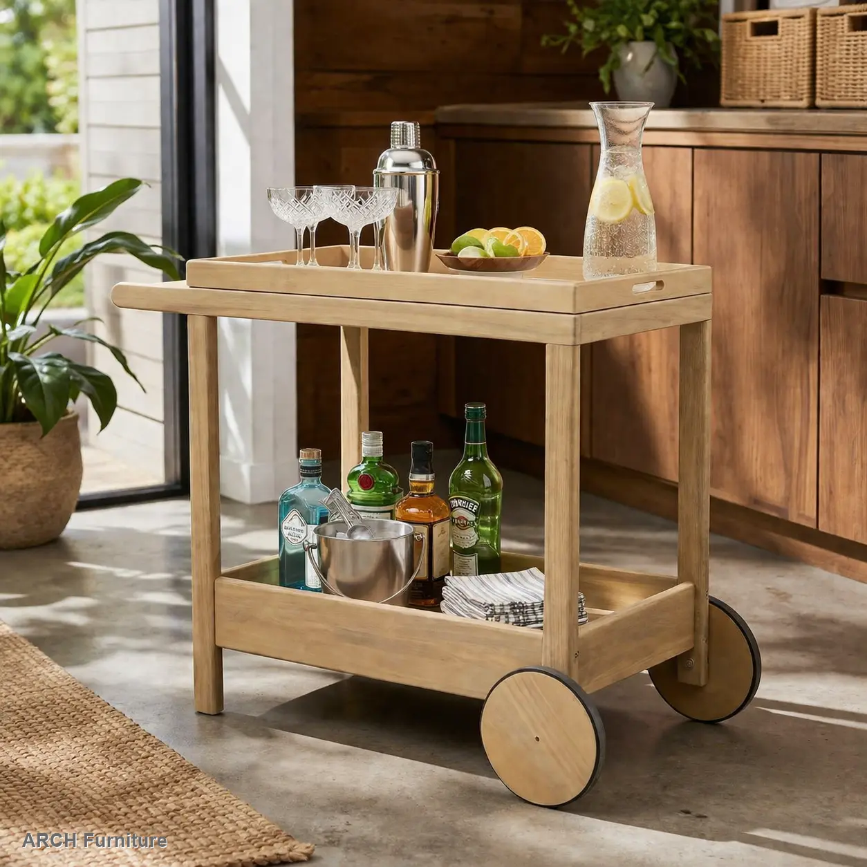 Double-Layered Acacia Wood Weatherproof Outdoor Rolling Bar Cart with Handle - Wooden, Dual-Compartment, Multi-Functional, Organizational 2-Tier Utility Cart, Home Organizer Storage Rack, Wooden Utility Carts, Dual-Compartment Utility Carts