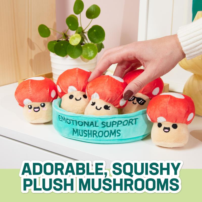 Emotional Support Mushrooms - 5 Plush Toys in Basket | Whimsical & Cute Stuffed Animal Gift for All Ages, Perfect Valentine's Day Present