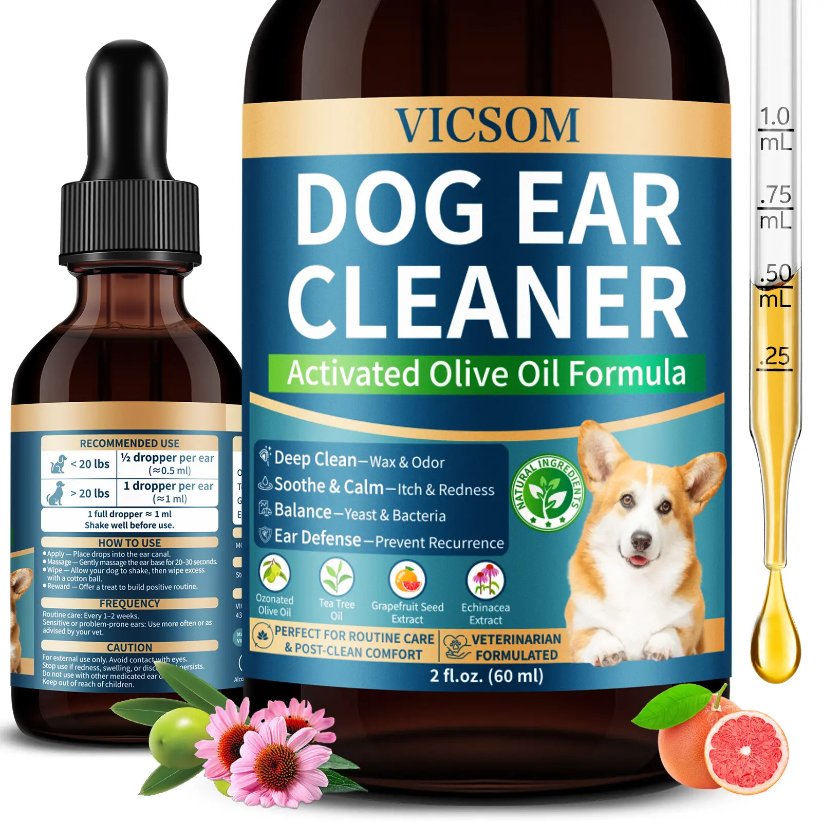 VICSOM Dog Ear Cleaner Drops, Alcohol-Free Ear Cleaning Solution with Ozonated Olive Oil, Helps Remove Wax, Dirt & Debris, is Routine Ear Care for Dogs, 60 ml, tiktokshopbacktoschool human
