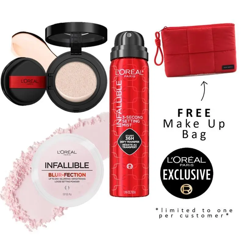 L'Oréal Cushion Foundation + Infallible Setting Spray + Blurfection Setting Powder Trio
