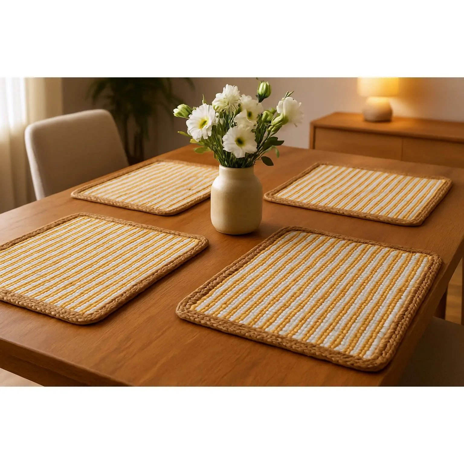 19" Set of Four Cream Yellow And Natural Striped Cotton And Jute Placemats