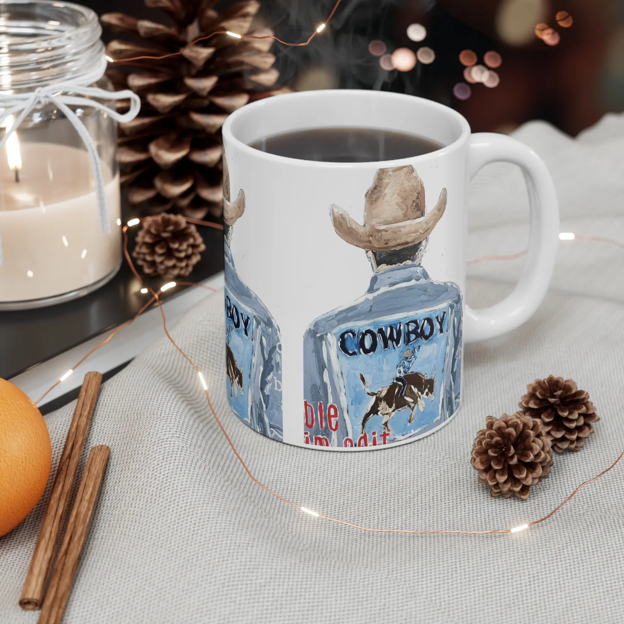 Cowboy Coffee Mug – Western Ceramic Cup with Rodeo Rider Artwork (11oz)