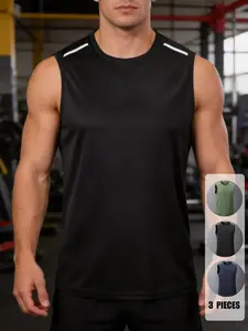 Men's Summer Regular Fit Sports Vest, Quick-Dry Fitness Sleeveless T-Shirt, Casual Short Sleeve Training Clothes, Sporty Style
