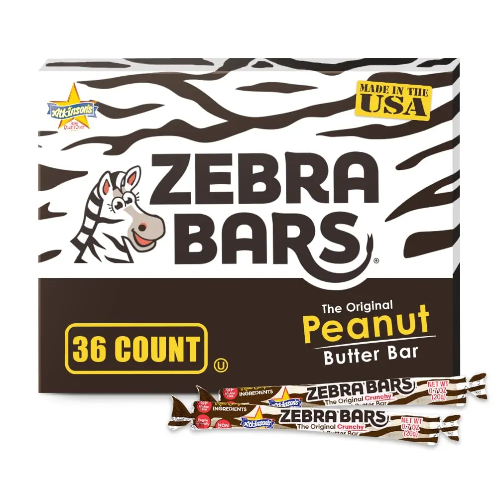 Atkinson's Peanut Butter Bars, Zebra Bars – Crunchy & Crispy Candy, 0.7 oz Bars, 36 Count, Gluten Free, Vegan, Kosher