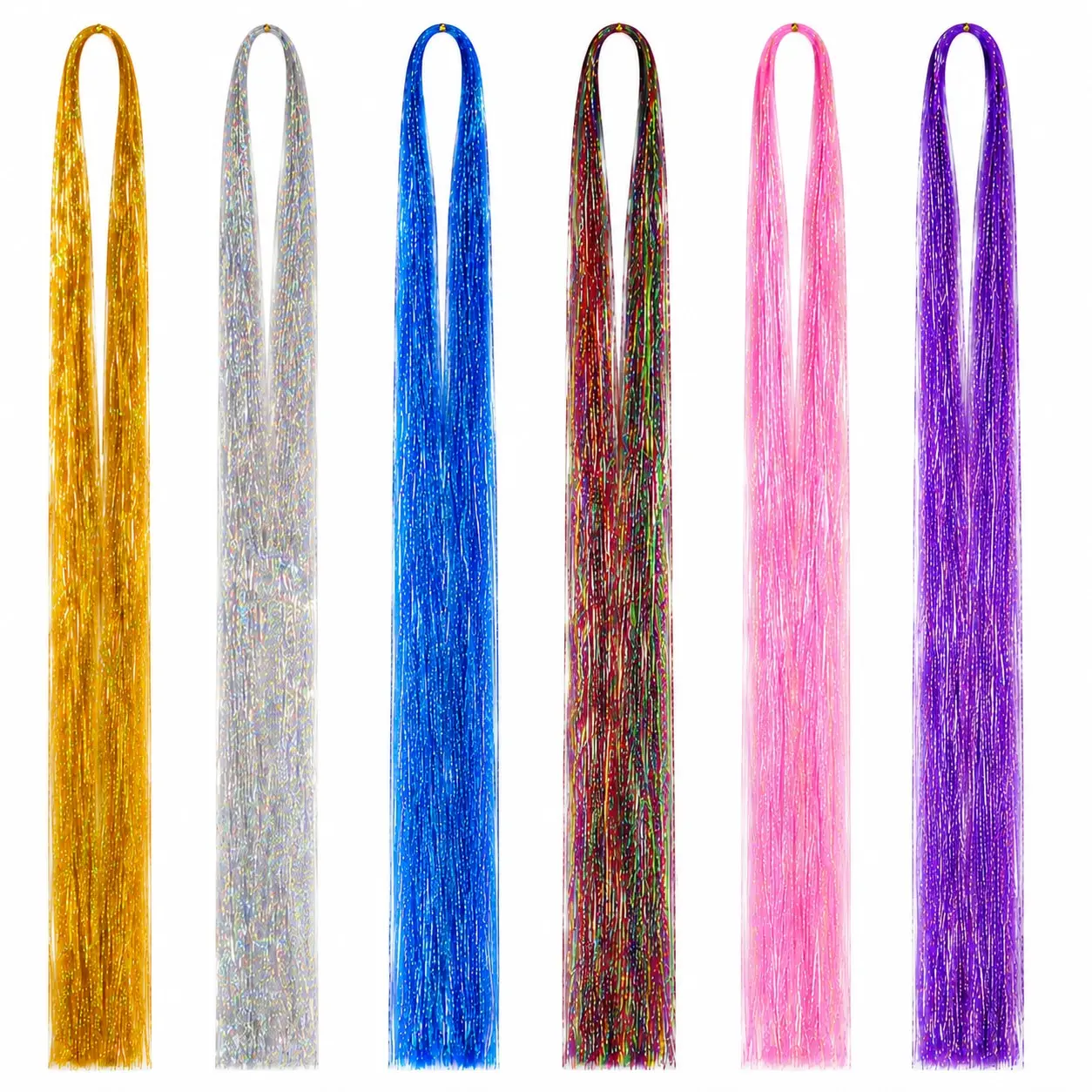 Full Shine Tinsel Hair Extensions Clip in 6-Color 1800 Strands Natural Straight Fairy Hair for Cosplay Party Summer Fashion Accessories