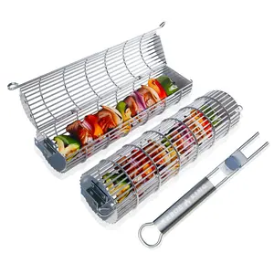 Rolling Grill Baskets - Set of 2 w/Detachable Handle. Stainless Steel construction 2 sizes for Outdoor Camping Tailgating Grilling Vegetables