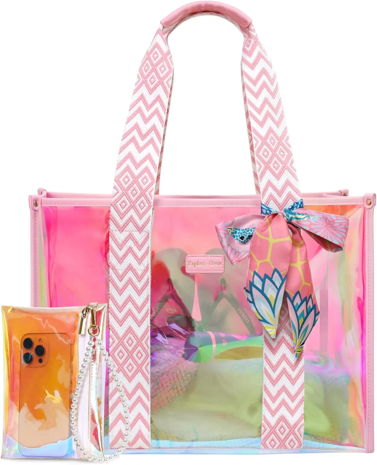 Waterproof Beach Bags for - Jelly Tote Bag| With Phone, Waterproof Sandproof TPU, Easy, Clear View, Patterned Straps, Beach Cruise Travel
